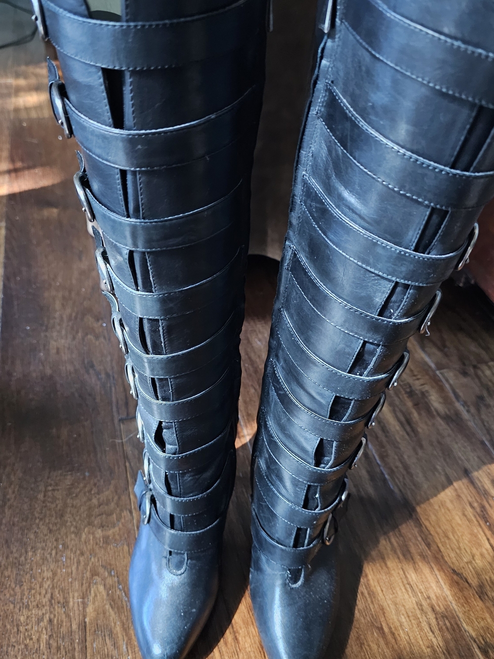 Max Studio Black Strappy Knee-High Buckle Boots